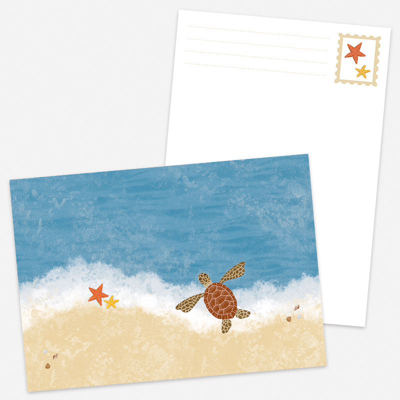 Postkaart zee met zeeschildpad, zeesterren en schelpen